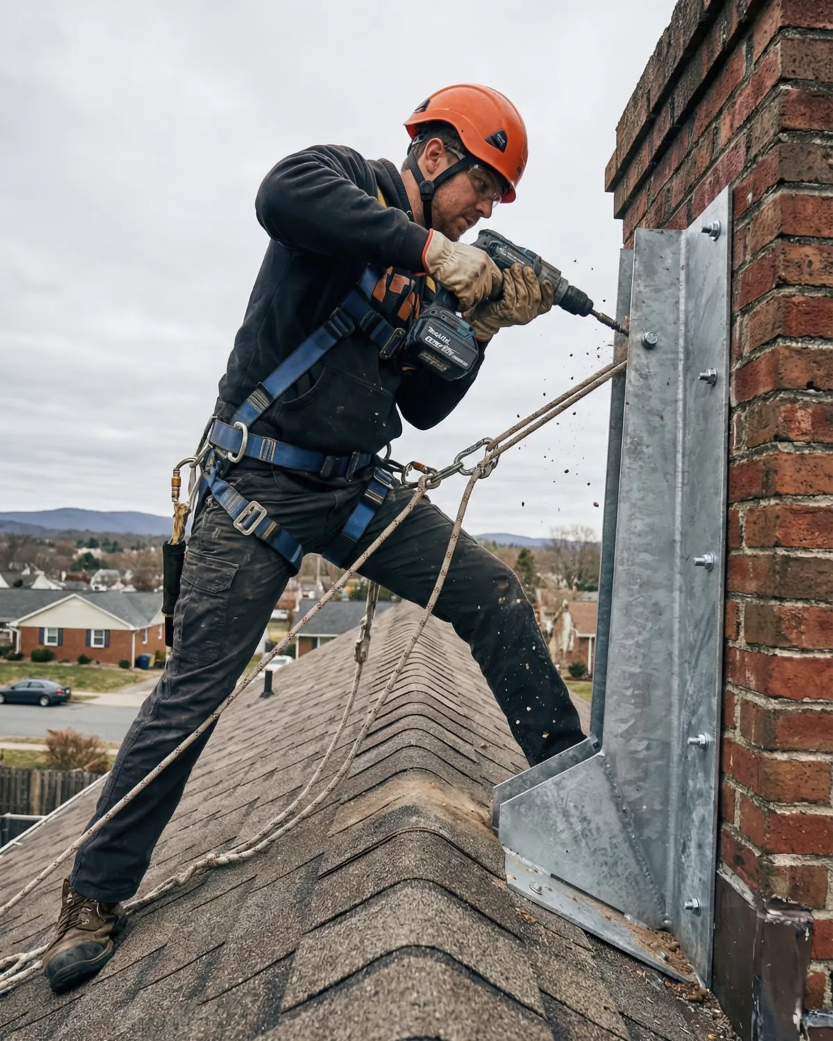 Roofer installing shingles on a house roof